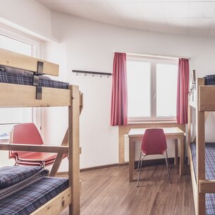 Mehrbettzimmer mit Stockbetten, Kleiderablagen und Lavabo | © Davos Klosters Mountains 